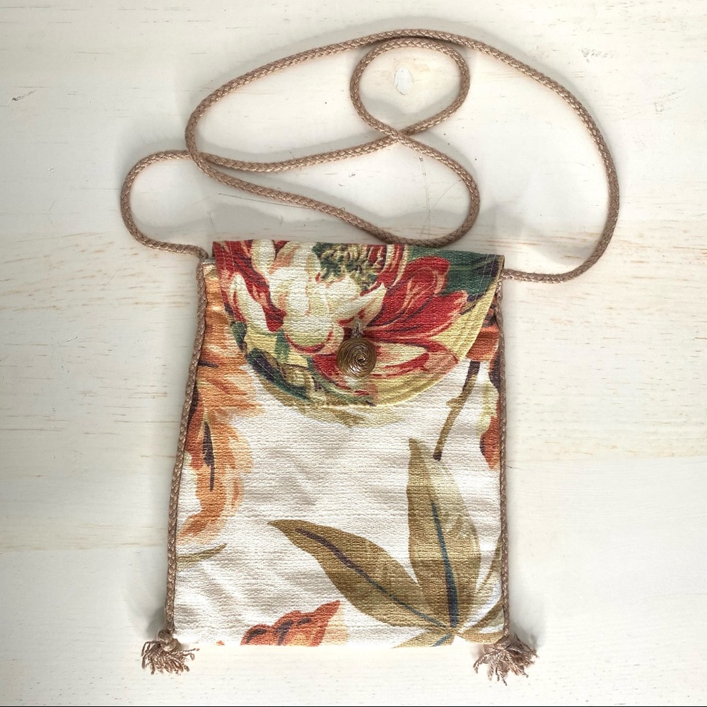 Susan Todd Barkcloth Floral Tote Bag Rope Strap Tassel Detail Vintage Style Bag